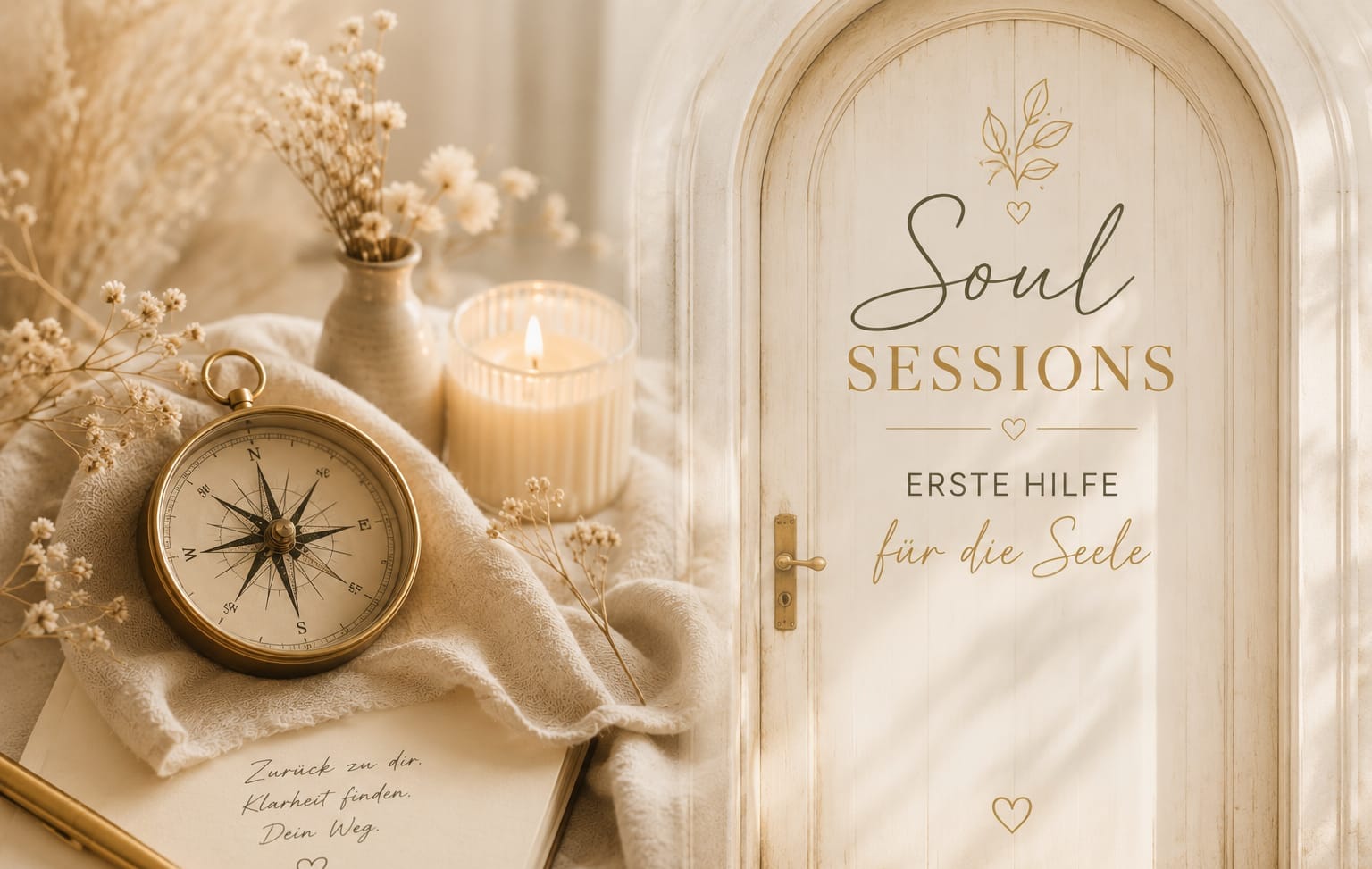Soul Sessions – Ein geschützter Raum für deine Seele, mit Tür, Kompass und Kerze