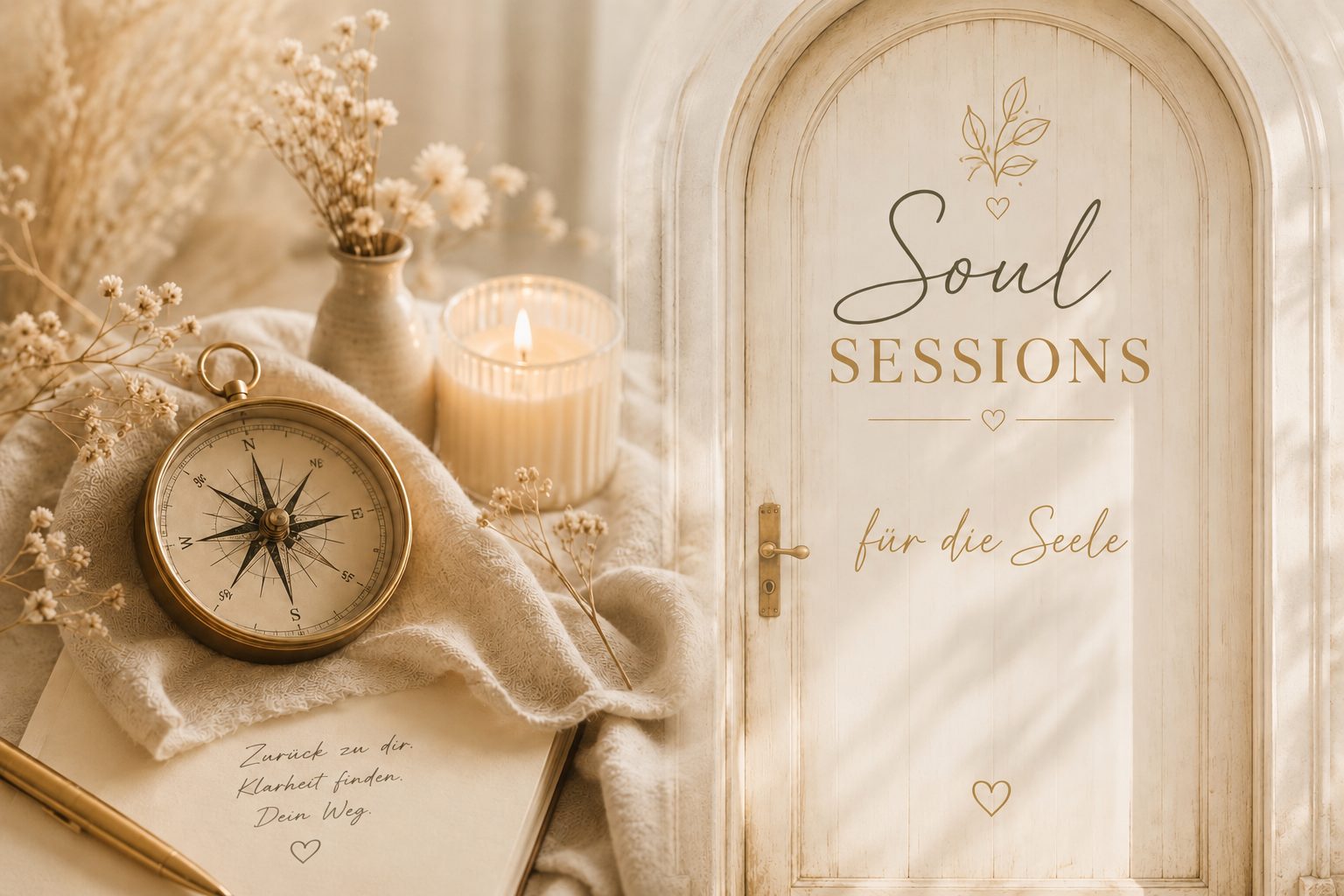 Aufgeschlagenes Buch mit Kompass und Kerze vor einer hellen Holztür mit dem Schriftzug: Soul Sessions für die Seele